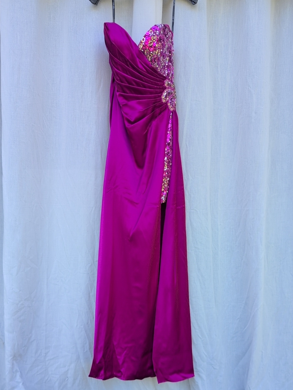 High-Low Strapless Sequin-Accented Fuchsia Evening Dress